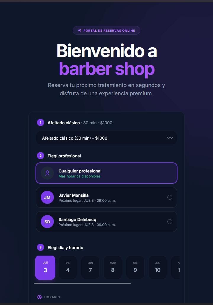 Turnero público: el cliente elige servicio y día